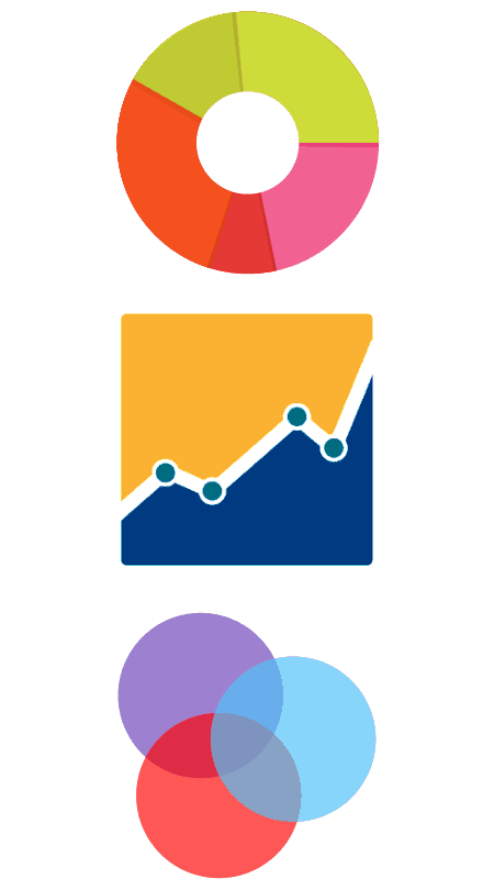 Stylized graphic of a pie chart, line graph, and a triple Venn Diagram